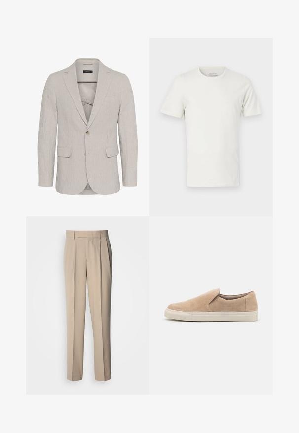 Hellgrau gestreifter Blazer mit einem Ein-Knopf-Verschluss, Reverskragen, zwei Vorderaschen und strukturiertem Stoff. Besitzt ein schmal geschnittenes Design.; Schlichtes weißes T-Shirt aus Baumwolle mit kurzen Ärmeln und Rundhalsausschnitt, Vorderansicht, neutraler Hintergrund, keine sichtbaren Logos oder Designs.; Beige, hoch taillierte, plissierte Hose mit geradem Schnitt, glatter Textur und ohne sichtbare Verzierungen oder Muster.; Beige Slipper aus Wildleder mit runder Zehenpartie, elastischen Seiten und einer weißen Gummisohle mit strukturierten Akzenten.