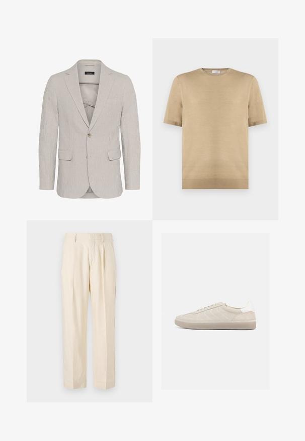 Hellgrau gestreifter Blazer mit einem Ein-Knopf-Verschluss, Reverskragen, zwei Vorderaschen und strukturiertem Stoff. Besitzt ein schmal geschnittenes Design.; Beiger kurzärmeliger Strickpullover mit Rundhalsausschnitt und geripptem Saum, flach auf weißem Hintergrund gelegt.; NN.07 KAY - Stoffhose - off white; Beiger Wildleder-Sneaker mit strukturiertem Obermaterial, glattem weißen Fersenbereich, dünnen Schnürsenkeln und Gummisohle. Verfügt über ein flaches Design.