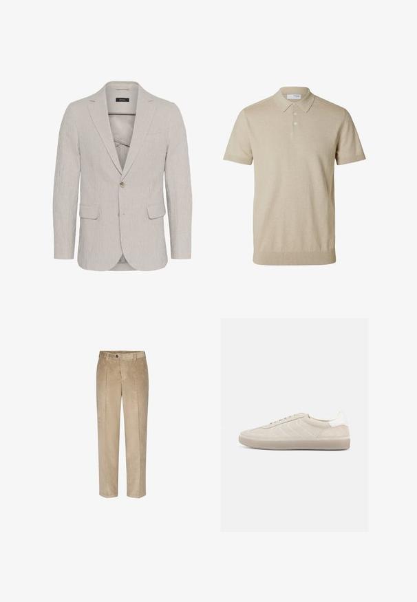 Hellgrau gestreifter Blazer mit einem Ein-Knopf-Verschluss, Reverskragen, zwei Vorderaschen und strukturiertem Stoff. Besitzt ein schmal geschnittenes Design.; Beiges kurzärmeliges Poloshirt mit Kragen und drei Knöpfen, gerippte Bündchen an Ärmeln und Saum, einfarbiger Strickstoff.; Beige Corduroyhosen mit breiten vertikalen Rippungen, geradem Bein-Design, Vorderentaschen und einem einzelnen Knopfverschluss an der Taille.; Beiger Wildleder-Sneaker mit strukturiertem Obermaterial, glattem weißen Fersenbereich, dünnen Schnürsenkeln und Gummisohle. Verfügt über ein flaches Design.