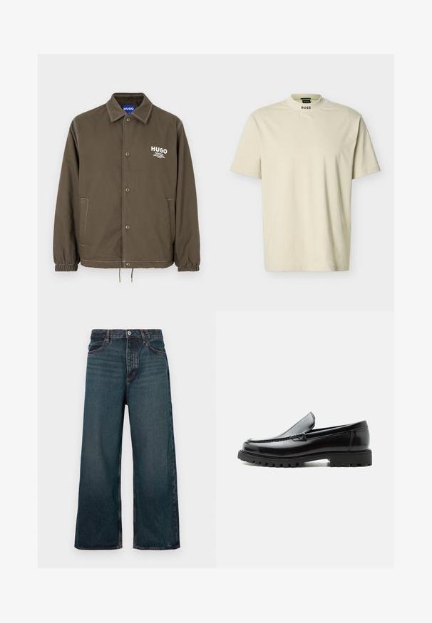 Veste boutonnée vert olive avec col, poignets élastiques, deux poches latérales et logo blanc "HUGO" sur la poitrine.; T-shirt beige à manches courtes avec col rond haut et texte "BOSS" imprimé sur le devant du col.; Jean denim bleu foncé à jambe large avec fermeture à bouton avant, fermeture éclair et design à cinq poches, présenté sur un fond blanc.; Mocassin en cuir noir avec semelle en caoutchouc épaisse, dessus cousu et nom de marque embossé sur le talon, présenté de profil sur fond blanc.