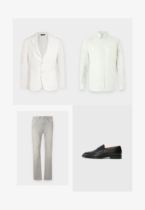 Blazer blanc pour homme avec deux boutons, col cranté, deux poches plaquées à l'avant et une poche poitrine, présenté sur un fond uni.; Chemise à manches longues vert clair, avec un col classique, une patte de boutonnage frontale, et un logo discret brodé sur la poitrine.; Jean gris clair à jambes droites avec cinq poches, fermeture par boutons et passants de ceinture, présenté sur un fond uni.; Mocassin en cuir noir avec un bout arrondi, des coutures subtiles et un talon bas, présentant une texture lisse et un design minimaliste.