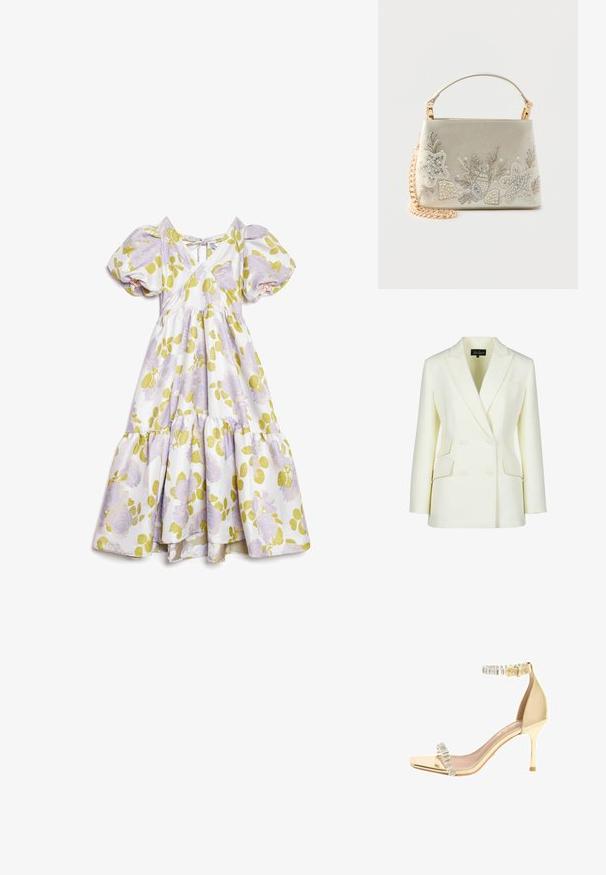 Dobbeltbrystet blazer i off-white, med klippet krave, to forlommer og en struktureret pasform. Fremstillet af glat, tekstureret stof.; Hvid midi-kjole med puffede ærmer, lilla blomsterprint, grønne blade, V-hals og rygbindedetalje med en lagdelt nederdel.; Guld stilet sandal med tynd høj hæl, ankelrem og tårem prydet med krystaller samt et firkantet åbent tådesign.; Lille cremefarvet håndtaske med guldkæde, pynt med perler formet som muslingeskaller og søstjerner, og enkelt øverste håndtag.
