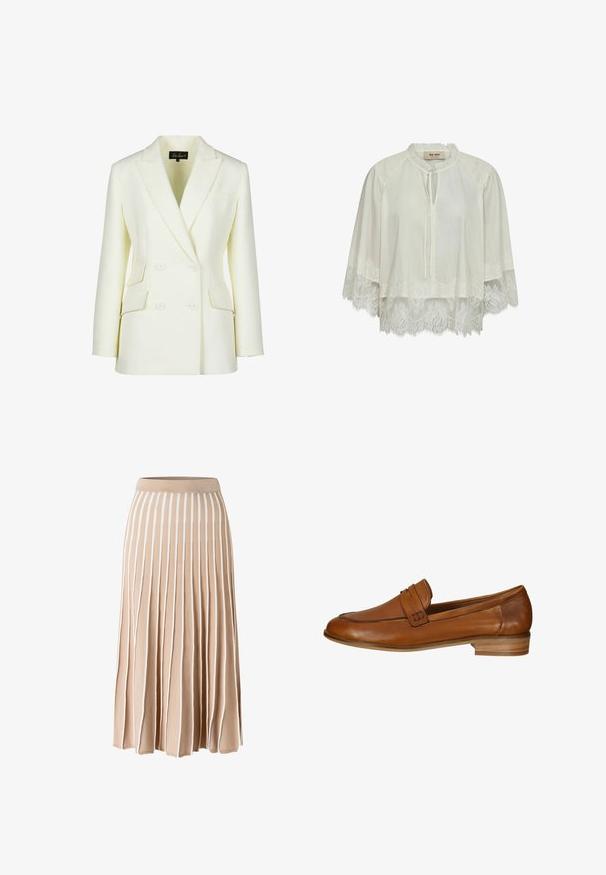 Dobbeltbrystet blazer i off-white, med klippet krave, to forlommer og en struktureret pasform. Fremstillet af glat, tekstureret stof.; Hvid løs bluse med blonderkant på kant og ærmer, flæsekrave og bindelukning foran ved kraven.; Beige midinederdel med lodrette hvide striber, plisseret design og en tætsiddende talje.; Brun læder loafersko med rund tå, dekorativ remdetalje og en lille stakhælt. Glat tekstur med minimal syning.