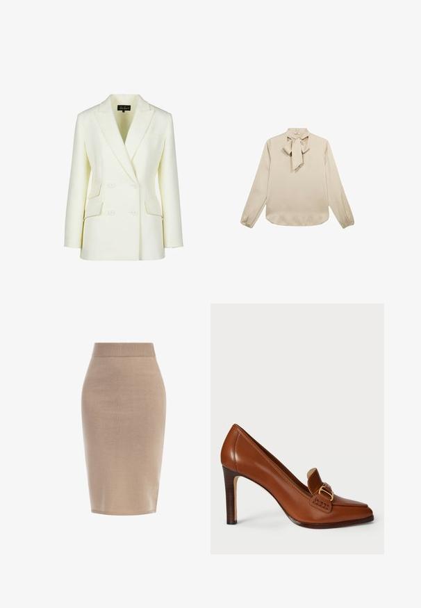 Dobbeltbrystet blazer i off-white, med klippet krave, to forlommer og en struktureret pasform. Fremstillet af glat, tekstureret stof.; Langærmet beige bluse med en bånddetalje ved halsudskæringen, glat tekstur og samlede ærmegab, med en afrundet kant.; Beige tætsiddende blyantnederdel med en ribbet talje, glat tekstur og knælangt design. Velegnet til alsidige stylingmuligheder.; Brun læder højhælede sko med spids tå, der har et dekorativt bånd og guldfarvet metaldele langs vamps. Glat tekstur.