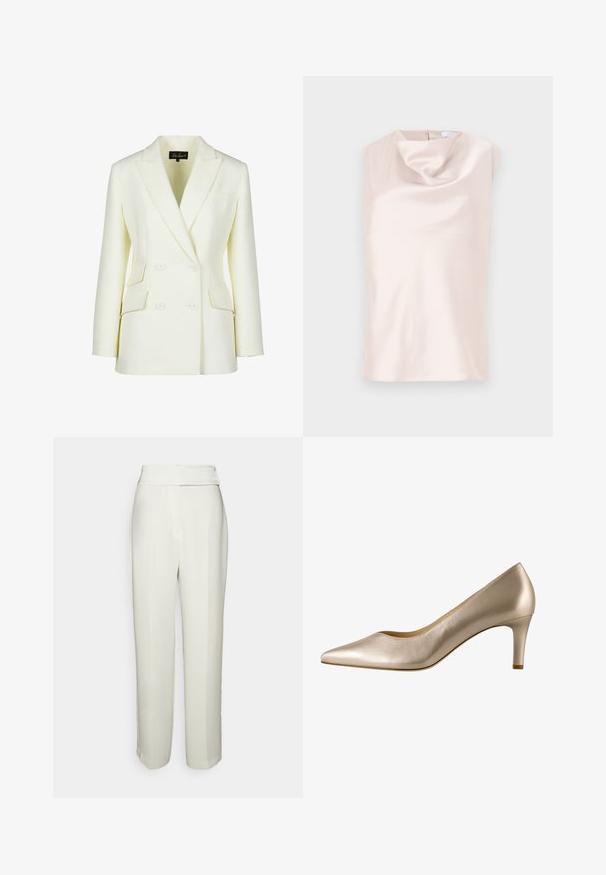 Dobbeltbrystet blazer i off-white, med klippet krave, to forlommer og en struktureret pasform. Fremstillet af glat, tekstureret stof.; Ærmeløs top i silkelignende stof i blød beige med en draperet cowl-halsudskæring. Har en diskret lynlås bagpå og en glat, blank tekstur.; Halston KARTER WEDDING PANT - Bukser - chalk; Beige spidse pumps lavet af glat læder med lav hæl. Har et strømlinet design og en subtil blank finish.