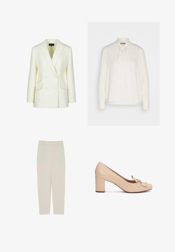 Dobbeltbrystet blazer i off-white, med klippet krave, to forlommer og en struktureret pasform. Fremstillet af glat, tekstureret stof.; Hvid langærmet skjorte med bindebånd ved halsen, der har en glat overflade og en afslappet pasform. Enkel og elegant uden yderligere mønstre.; Beige lige benbukser med en glat tekstur, der har høj talje, frontfoldsdetaljer og rene linjer for en skræddersyet pasform.; Beige læderpumpe med rund tå, blokhæl og dekorativ kvastaccent med guldforarbejdning. Glat tekstur overalt.