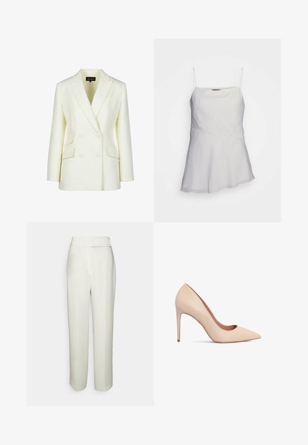 Dobbeltbrystet blazer i off-white, med klippet krave, to forlommer og en struktureret pasform. Fremstillet af glat, tekstureret stof.; Hvid, ærmeløs top med tynde stropper, en afslappet pasform og et asymmetrisk design. Fremstillet af et glat, let stof.; Halston KARTER WEDDING PANT - Bukser - chalk; Beige læder højhælede pumps med spids tå og en glat tekstur. Har en slank stilettohæl og et lavt skårede design.