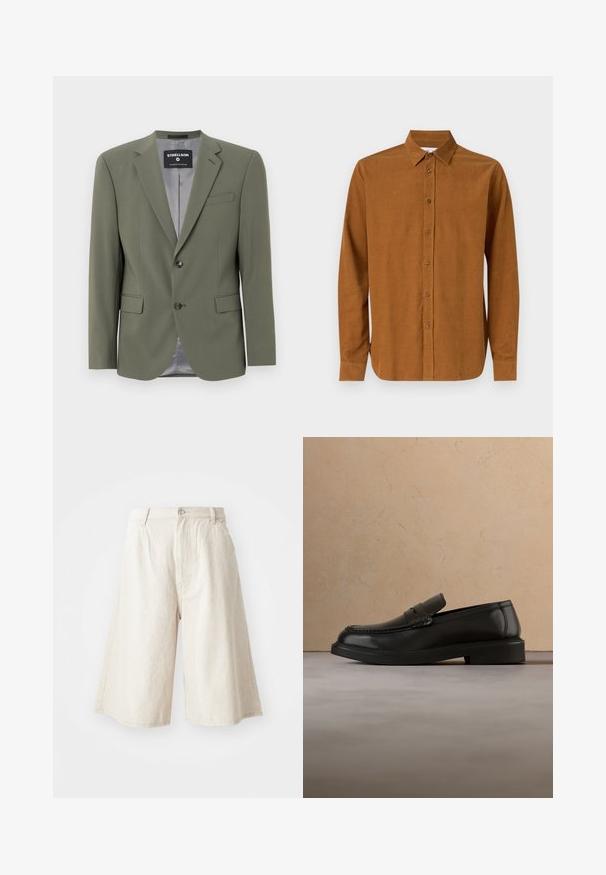 Blazer vert olive en tissu lisse, avec une fermeture à un bouton, des revers crantés et deux poches avant. Doublure intérieure grise.; Chemise à manches longues marron en tissu lisse, dotée d'un col classique et de sept boutons à l'avant, avec des manches à poignets droits.; Shorts larges beige en coton, avec une coupe droite, des poches avant et une fermeture à bouton visible à la taille.; Mocassin en cuir noir flottant au-dessus d'un tapis tissé beige avec une table ronde en bois et un canapé en arrière-plan.