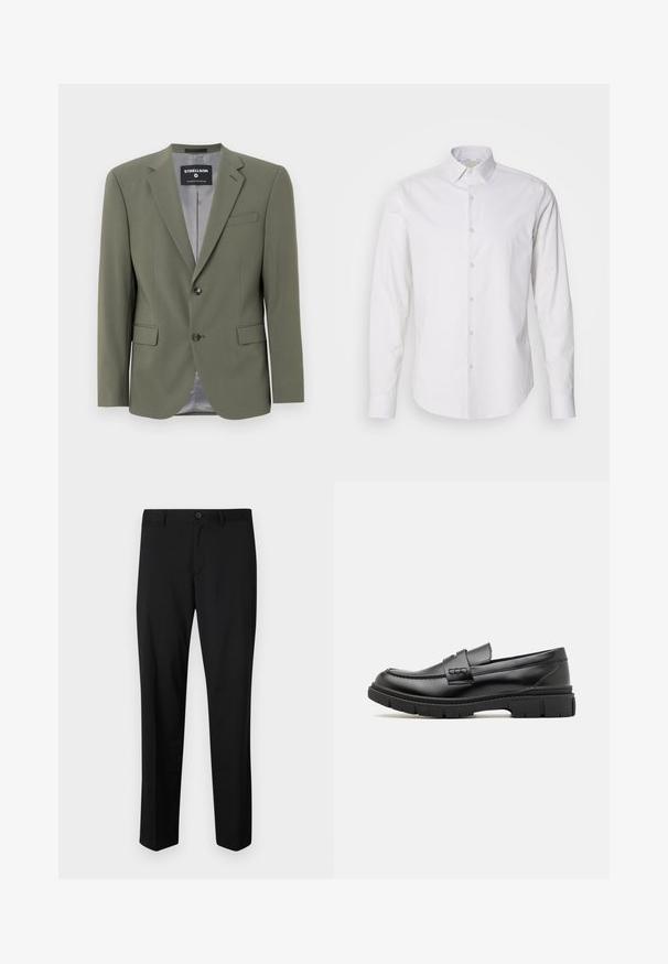 Olijfgroene blazer van gladde stof, met een enkele knoopsluiting, ingezette revers en twee voorzakken. De binnenvoering is grijs.; Witte longsleeve shirt met een puntig kraag, knopenfront, gemaakt van een gladde stof. Heeft een subtiele gestreepte textuur.; Zwarte op maat gemaakte broek met een platte voorkant, standaard taille en rechte pijpen. Gemaakt van een gladde stof, met een enkele knoopsluiting.; Zwarte leren instapper met een brede band over de voet, rubberen zool met dikke noppen en een gladde textuur. Klassiek, strak ontwerp.