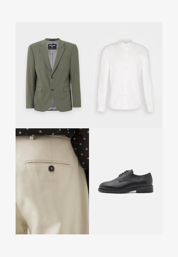 Olijfgroene blazer van gladde stof, met een enkele knoopsluiting, ingezette revers en twee voorzakken. De binnenvoering is grijs.; Witte, langslijpende shirt met een Mandarin-kraag en een voorflap. Gemaakt van katoen, met een zachte textuur en knoopsluitingen.; Beige broek met een gestructureerde stof en een achterzak, gesloten met een zwarte knoop. Subtiele stikselaccenten langs de zak.; Zwarte lederen oxford schoen met een ronde neus, voorzien van een gladde afwerking, vijf-oog veter sluiting en een lage gestapelde hak.