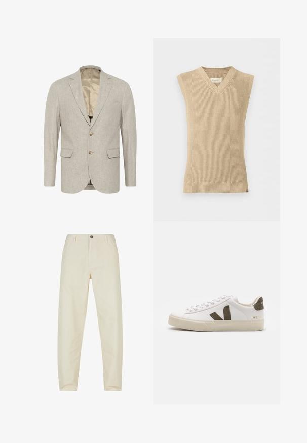 Heller grauer Blazer aus strukturiertem Stoff, mit einer Zwei-Knopf-Verschluss, Reverskragen und zwei Taschen vorne. Futter im Inneren.; Beiger, ärmelloser gestrickter Pullunder mit V-Ausschnitt und geripptem Saum, vor weißem Hintergrund dargestellt.; Cremefarbene Hosen aus Baumwolle mit geradem Bein. Verfügt über einen Frontknopfverschluss und Seitentaschen. Warme, glatte Textur.; Weiße Leder-Sneaker mit einer hellbeigen Gummisohle. Mit braunem Wildleder-V-Logo und Fersenlasche. Schnürverschluss mit texturierter Oberfläche.