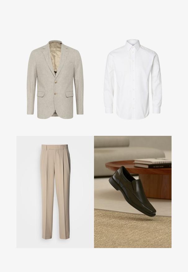 Lichtgrijze blazer van textuurstof, met een sluiting met twee knopen, notch revers en twee voorzakken. Gevoerd interieur.; Wit overhemd met lange mouwen, een puntige kraag, zichtbare knopen vooraan en knoopmanchetten.; Beige, hooggetailleerde geplooide broek met een rechte pasvorm, met een gladde textuur zonder zichtbare versieringen of patronen.; Zwarte leren instapschoen voor nette gelegenheden zwevend boven een beige geweven vloerkleed, met een ronde houten salontafel en gestapelde boeken op de achtergrond.