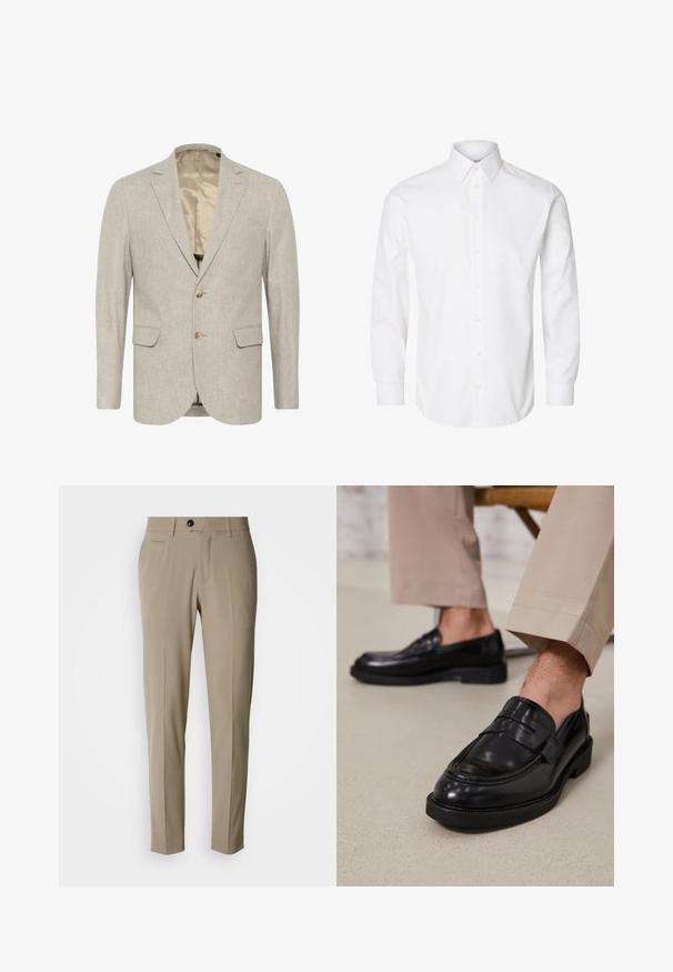 Heller grauer Blazer aus strukturiertem Stoff, mit einer Zwei-Knopf-Verschluss, Reverskragen und zwei Taschen vorne. Futter im Inneren.; Weißes langärmeliges Hemd mit spitzem Kragen, sichtbaren Knöpfen auf der Vorderseite und geknöpften Manschetten.; Beige maßgeschneiderte Hose mit flacher Vorderseite, Seitentaschen, Gürtelschlaufen und einem einzelnen schwarzen Knopfverschluss. Glatte Stofftextur.; Schwarze Lederloafers mit glatter Oberfläche, ausgestattet mit einem dekorativen Riemen und Kontrastnähten, kombiniert mit beigen Hosen.