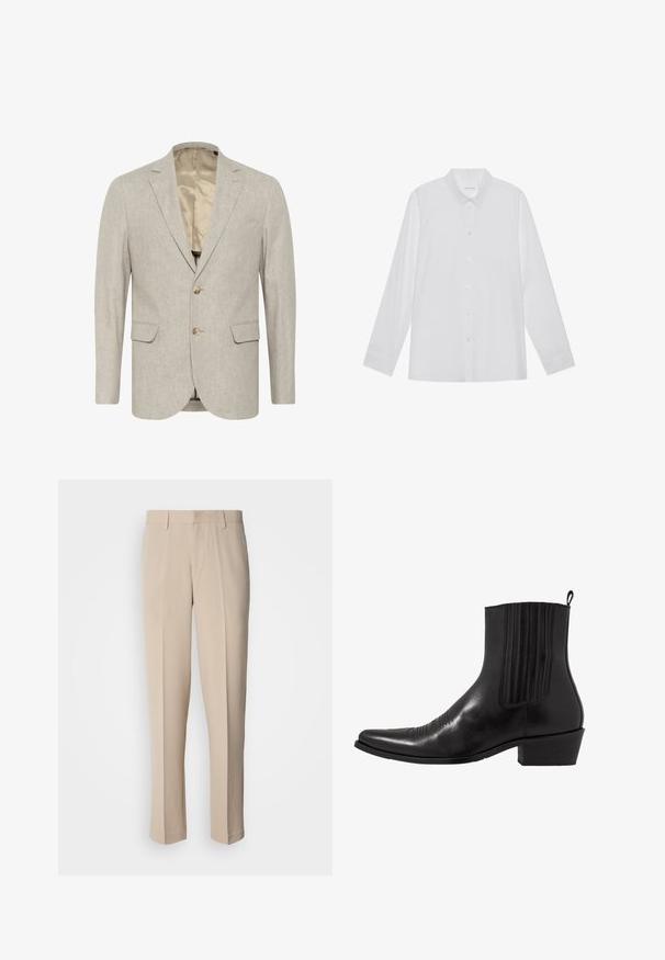 Lichtgrijze blazer van textuurstof, met een sluiting met twee knopen, notch revers en twee voorzakken. Gevoerd interieur.; Witte blouse met lange mouwen van soepel stof, met een puntige kraag, voorkant met knoopsluiting en manchetten met één knoop.; Beige op maat gemaakte broek met rechte pasvorm, gemaakt van een gladde stof. Voorzien van een platte voorkant en een standaard tailleband met riemlussen.; Zwarte leren enkellaarzen met een spitse neus, elastische zijpanele, verticale stiksels en een lage blokhak.