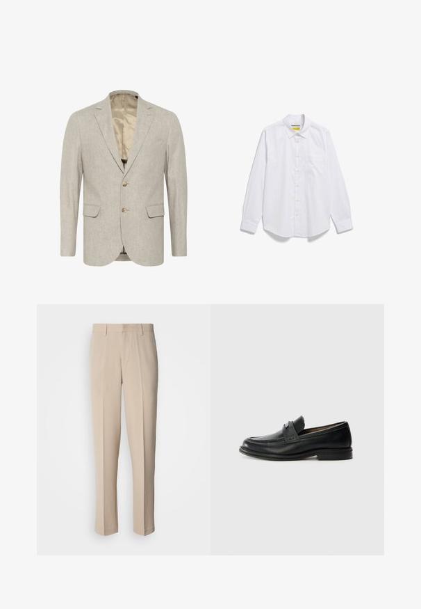 Lichtgrijze blazer van textuurstof, met een sluiting met twee knopen, notch revers en twee voorzakken. Gevoerd interieur.; Witte lange mouwen overhemd met knoopsluiting en een borstzak, plat gelegd op een witte achtergrond.; Beige op maat gemaakte broek met rechte pasvorm, gemaakt van een gladde stof. Voorzien van een platte voorkant en een standaard tailleband met riemlussen.; Zwarte lederen instappers met een gladde afwerking, voorzien van een gestructureerde bovenband, lage hak en minimale stiksel-details.