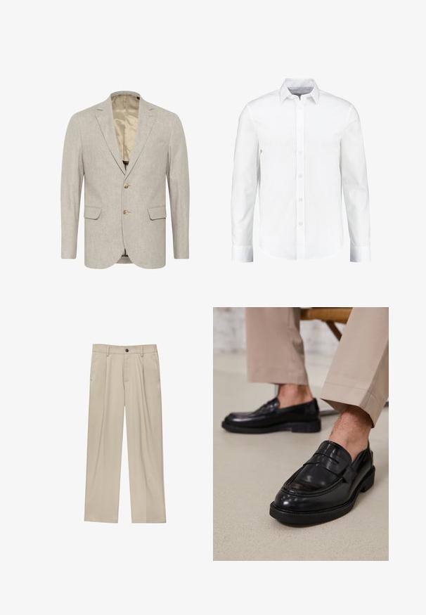 Lichtgrijze blazer van textuurstof, met een sluiting met twee knopen, notch revers en twee voorzakken. Gevoerd interieur.; Witte lange mouwen overhemd met knopen, gemaakt van glad katoen. Heeft een klassieke kraag en een knoopsluiting aan de voorkant met een rechte zoom.; Beige broek met een rechte snit, voorzien van een enkele zwarte knoop, riemlussen en zijzakken. Glad stoffen textuur en een minimalistisch ontwerp.; Zwarte leren loafers met een gladde afwerking, voorzien van een decoratieve band en contrasterende stiksels, gecombineerd met beige broeken.