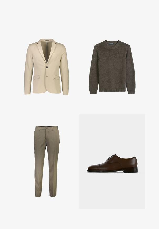 Beige Blazer aus glattem Stoff; verfügt über einen einzelnen schwarzen Knopf, zwei Fronttaschen und ein Reversdesign für zusätzliche Struktur.; Dunkelolivgrüner Strickpullover mit Rundhalsausschnitt, langen Ärmeln und gerippten Bündchen und Saum, Marke Marc O’Polo.; Hosen aus leichtem, beigem Stoff, maßgeschneiderte Passform, mit glatter Textur, Gürtelschlaufen und einem einzigen Knopfverschluss vorne.; Dunkelbrauner Lederschuh mit Kappenspitze, geschlossenem Schnürsystem und niedrigem schwarzem Absatz, von der Seite auf neutralem Hintergrund gezeigt.