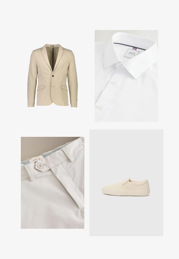 Beige Blazer aus glattem Stoff; verfügt über einen einzelnen schwarzen Knopf, zwei Fronttaschen und ein Reversdesign für zusätzliche Struktur.; Weißes Hemd aus strukturiertem Stoff, klassischer Kragen und eine kleine Knopfleiste. Das Etikett trägt die Aufschrift "NEXT TAILORING" mit farblichen Akzenten.; Nahaufnahme des Taillebands einer beigen Hose mit Knopfverschluss, Gürtelschlaufen und sichtbarem Next Signature Kleidungsetikett.; Beige Slippers aus Canvas mit Gummisohle. Mit elastischen seitlichen Akzenten und glatter Textur. Einfaches, abgerundetes Design.