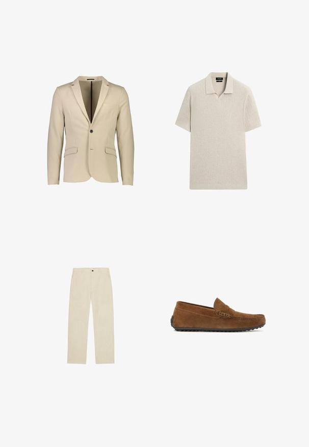 Beige Blazer aus glattem Stoff; verfügt über einen einzelnen schwarzen Knopf, zwei Fronttaschen und ein Reversdesign für zusätzliche Struktur.; Beiges kurzärmeliges Poloshirt mit strukturiertem Strickmuster und umgeschlagenem Kragen, dargestellt auf weißem Hintergrund.; Beige Hose mit geradem Bein, Gürtelschlaufen, vorderem Knopf, Reißverschluss und Seitentaschen, flach auf weißem Hintergrund liegend.; Braune Wildleder-Loafer mit flacher Gummisohle, genähten Details und einem Vorderband. Glatte Textur mit minimalistischer Gestaltung.