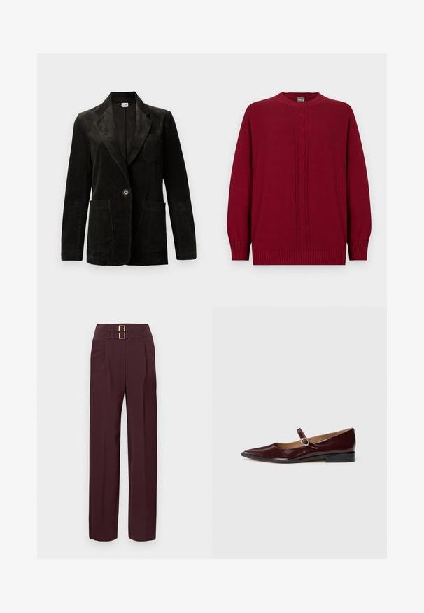 Sort fløjl blazer med udskåret klap, enkelt knaplukning, brystlomme og to forbinder lommer. Tekstiler med lodrette striber.; Langærmet mørkerød sweater med rund hals, kabelstrikket mønster midt for og ribstrikkede kanter ved ærmer og kant.; Højtaljede mørk bordeauxbukser med to gyldne spænder øverst og et lige ben fit.; Bordeaux patentlæder Mary Jane flade sko med spids tå, flad hæl og en dekorativ rem med en cirkulær spændeaccent.