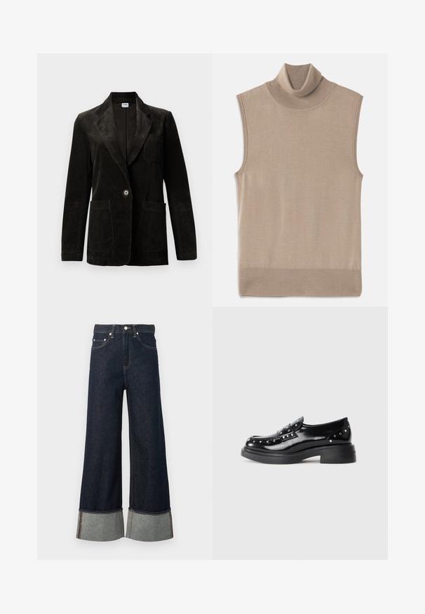 Sort fløjl blazer med udskåret klap, enkelt knaplukning, brystlomme og to forbinder lommer. Tekstiler med lodrette striber.; Beige ærmeløs strikket turtleneck sweater med ribbet krave, ærmeåbninger og kant, lagt fladt på en hvid baggrund.; Mørkeblå vidbenede denimjeans med opkrogede buksekanter, der viser lysere indvendigt stof og sølvknaplukning.; Sorte patentlæder loafers med dekorative sølvstuds, rund tå, lav blokhæl og glat, skinnende tekstur.