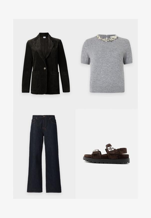Sort fløjl blazer med udskåret klap, enkelt knaplukning, brystlomme og to forbinder lommer. Tekstiler med lodrette striber.; Grå kortærmet sweater med struktureret stof. Har en dekorativ perlekrave og en lynlåslukning bagpå.; Mørkeblå vidde jeans lavet af denim, med orange syninger, to frontlommer og en knaplukning i taljen.; Mørkebrun ruskindssandal med tyk sort robust sål, to justerbare remme med sølvspænder og åben tå- og hældesign.