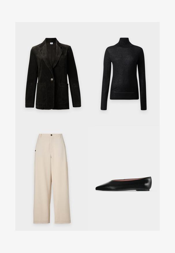 Sort fløjl blazer med udskåret klap, enkelt knaplukning, brystlomme og to forbinder lommer. Tekstiler med lodrette striber.; Sort langærmet turtle neck top lavet af letvægtsstof, med en tætsiddende design og minimale sømdetaljer, velegnet til lagdeling.; Beige bukser med vid ben, lavet af blødt stof, med en frontknaplukning, sidelommer og en afslappet pasform.; Sort damesko i læder med flad hæl og spids tå, vist fra siden på en ensfarvet lys grå baggrund.