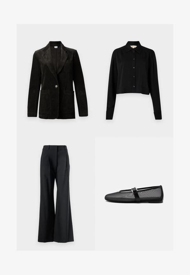 Sort fløjl blazer med udskåret klap, enkelt knaplukning, brystlomme og to forbinder lommer. Tekstiler med lodrette striber.; Sort cropped skjorte med lange ærmer, spidse krave og knaplukning foran. Fremstillet af glat stof med en afslappet pasform og manchetærmer.; Veronica Beard OLLIE PANT - Bukser - black; Sort mesh balletflat med rundt tåparti og justerbar Mary Jane-rem med sølvspænde, på en ensartet lys grå baggrund.