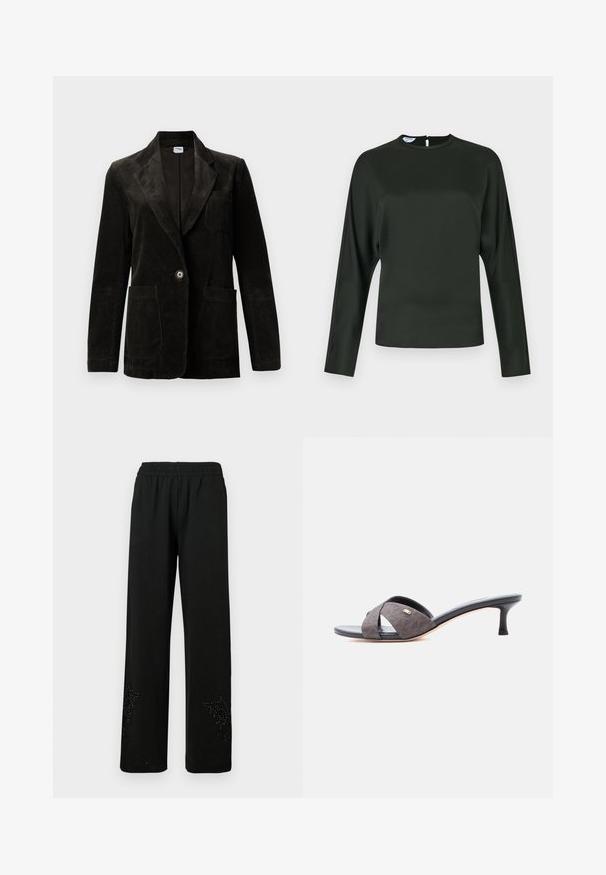 Sort fløjl blazer med udskåret klap, enkelt knaplukning, brystlomme og to forbinder lommer. Tekstiler med lodrette striber.; Mørkegrøn langærmet bluse i glat stof. Har en høj halsudskæring og en nøglehulslukning bagpå. Lige snit med minimal detaljering.; Sorte breddebenede bukser lavet af blødt stof, med elastisk talje og dekorativt naglede design ved kanten.; Sort mule-sandal med hæl, lav kittenhæl og brede, teksturerede krydsremme, vist på en ensfarvet hvid baggrund.