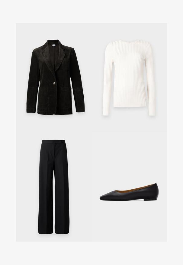 Sort fløjl blazer med udskåret klap, enkelt knaplukning, brystlomme og to forbinder lommer. Tekstiler med lodrette striber.; Hvid langærmet top lavet af ribstrikket stof. Har rund halsudskæring og en tætsiddende silhuet med teksturerede striber, der løber lodret.; Bredbenede sorte bukser med en glat, mat tekstur. Flad talje uden synligt hardware eller mønstre. Simpelt og elegant design.; Sort læder flad sko med spids tå, lav hæl og glat finish, vist fra siden på en lysegrå baggrund.