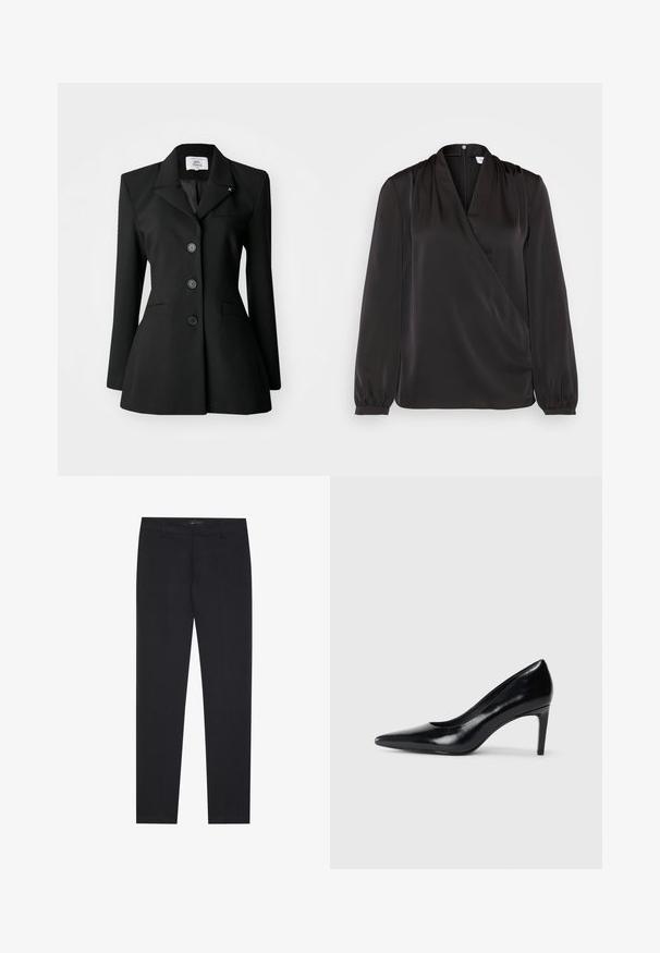 Sorte skræddersyet blazer med en notch lapel, dobbeltknaplukning, forlommer og en tætsiddende silhuet. Glat stofstruktur.; Sort langærmet bluse med krydsdesign, lavet af glat stof. Har sammensnørede detaljer ved skuldrene og elastiske manchetter.; Sorte slim-fit formelle bukser med bæltestropper og forlommer, designet til et skræddersyet, professionelt look.; Sort læder højhælede sko med spids tå, glat tekstur og en taperet hæl. Minimalistisk design uden yderligere udsmykninger.