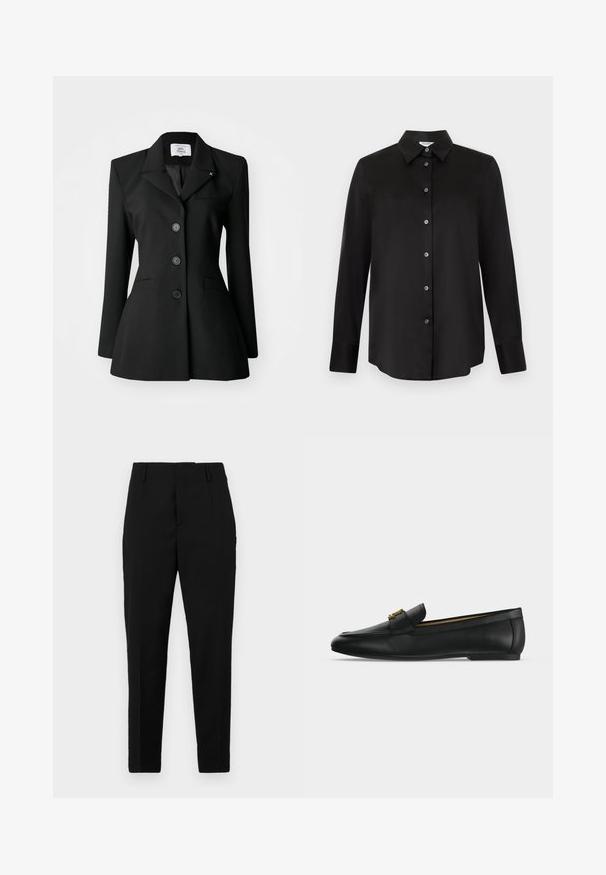 Sorte skræddersyet blazer med en notch lapel, dobbeltknaplukning, forlommer og en tætsiddende silhuet. Glat stofstruktur.; Sort langærmet skjorte med knapper og spids krave med syv knapper, vist på en lysegrå baggrund.; Sorte bukser med en skræddersyet pasform, der har sidelommer, en glat tekstur og et strømlinet design, der bliver smalere mod anklerne.; Sort læderloafer med guldfarvet metalspænde på toppen, flad sål og syning langs overkanten.
