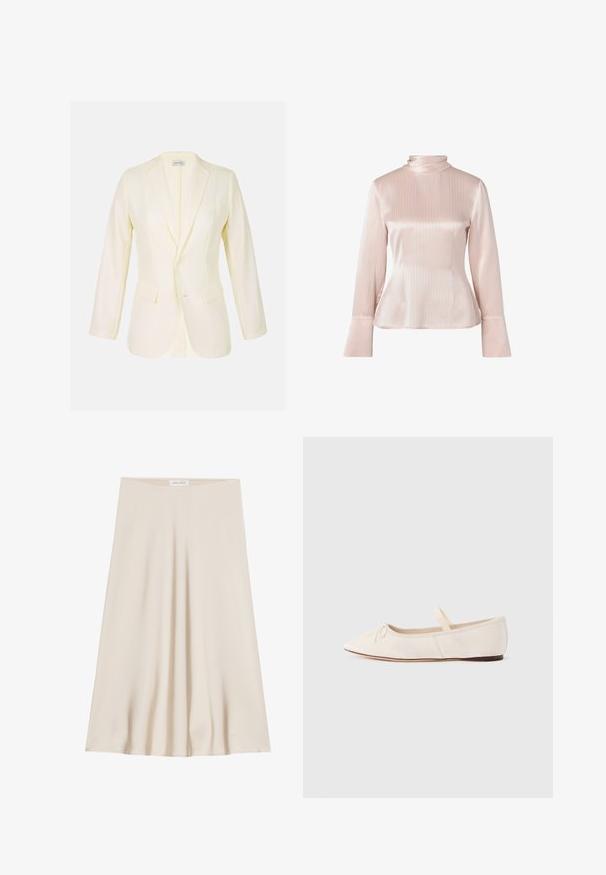 Lichtgele blazer met een notched lapel, twee voorkruiszakken en knoopsluiting. Gemaakt van een gladde stof met een gestructureerde pasvorm.; Bleke roze satijnen blouse met een hoge hals, lange mouwen en subtiele verticale strepen. Uitlopende zoom en knoopmanchetten. Soepele textuur.; Een knielang, crèmekleurig rokje gemaakt van gladde stof met een uitlopende ontwerp en een brede tailleband. Geen patronen of versieringen aanwezig.; Ballerina's met een lichte beige suède bovenwerk, een puntige neus en een dunne elastische band over de wreef. Platte zool met een minimale rubberen accent.
