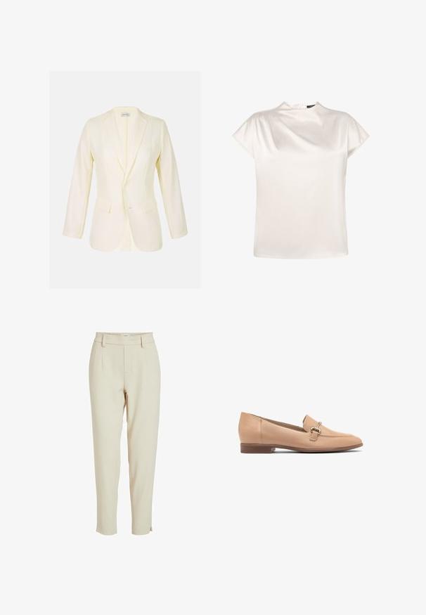 Lys gul blazer med notklap, to frontlommer og knaplukning. Lavet af glat stof med en struktureret pasform.; zero Bluse - eggnog; Beige skræddersyede bukser med elastisk talje, sidelommer og en nederdel med en tætsiddende kant. Glat, letvægtsstof.; Beige læder loafers med en lav hæl, der har et syet design og en lille sølv hardware accent på overdelen. Glat tekstur.