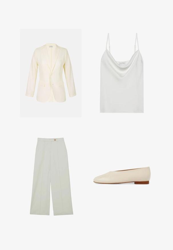 Blazer amarillo claro con solapa con muesca, dos bolsillos frontales y cierre de botones. Fabricado en tejido suave con un corte estructurado.; Camisón de satén blanco con escote drapeado, finas tiras ajustables y dobladillo recto. La etiqueta "ANNA FIELD" es visible en el interior.; Pantalones de pierna ancha en color crema claro, con cierre de botones, pliegues frontales y bolsillos laterales, confeccionados en una tela suave.; Zapato plano de cuero beige con diseño de punta afilada, forma minimalista y un tacón de madera corto para estabilidad y comodidad.