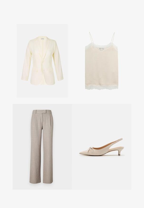 Lys gul blazer med notklap, to frontlommer og knaplukning. Lavet af glat stof med en struktureret pasform.; Beige satin cami-top med tynde stropper og hvid blondekant langs udskæringen og kanten.; Beige skræddersyede bukser lavet af et struktureret stof, med et lige ben-design og frontfolder. Ingen synligt hardware eller mønstre.; Beige patenterede læder slingback hæle med spidse tæer og en dekorativ sløjfe på vampen. Inkluderer en lav, slank hæl og en glat tekstur.