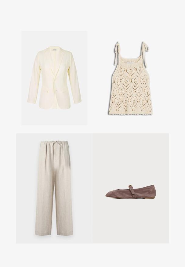 Lys gul blazer med notklap, to frontlommer og knaplukning. Lavet af glat stof med en struktureret pasform.; Flødefarvet strikket tanktop med bølget kant og skulderbånd, med diamant- og blonderi-mønster med blomster.; Lyse beige hørbukser med en afslappet pasform, der har en snøre i taljen og sidelommer for ekstra komfort og stil.; Brun ruskind flad sko med rundet tå og en enkelt rem henover toppen med en lille guldbøjle.