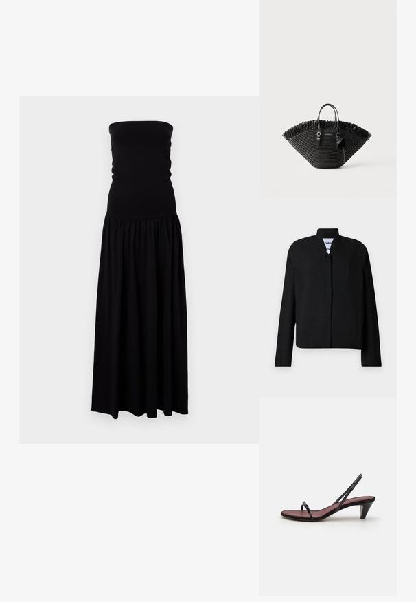 Veste noire avec un col mandarin, des manches longues et une coupe droite. Fabriquée dans un tissu texturé, elle dispose d'une fermeture frontale dissimulée.; Robe maxi noire sans bretelles en tissu doux et extensible. Corps ajusté avec une jupe froncée, tissu fluide et texture lisse.; Sandale à talon noire avec de fines brides et une petite boucle décorative. La semelle intérieure est d'une couleur bordeaux contrastante, avec un talon conique élancé.; Sac fourre-tout tissé noir avec une large forme en éventail, bord supérieur frangé, deux poignées et un noeud décoratif sur une des poignées.