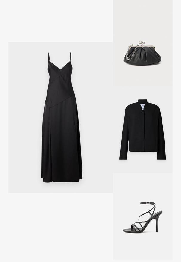 Veste noire avec un col mandarin, des manches longues et une coupe droite. Fabriquée dans un tissu texturé, elle dispose d'une fermeture frontale dissimulée.; Robe maxi en satin noir avec de fines bretelles réglables, ornée d'un design géométrique et d'une silhouette fluide. Texture lisse avec une finition mate.; Sandale noire à talons hauts avec des brides fines, une boucle à la cheville, une surface en cuir lisse et un talon aiguille élancé.; Porte-monnaie en cuir noir avec texture froncée, cadre en métal argenté, fermeture à verrouillage kiss-lock et bandoulière en chaîne. Surface lisse et douce.