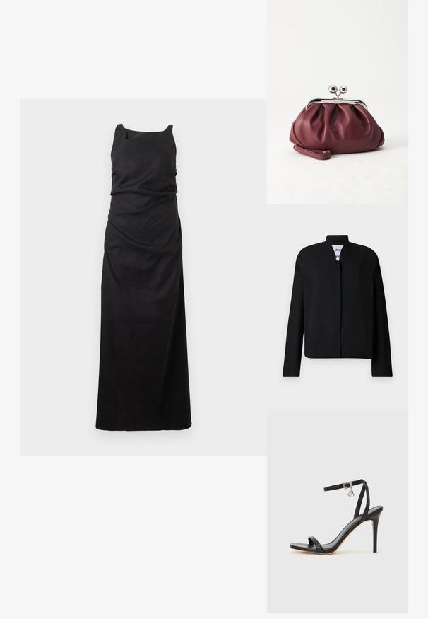 Veste noire avec un col mandarin, des manches longues et une coupe droite. Fabriquée dans un tissu texturé, elle dispose d'une fermeture frontale dissimulée.; Robe noire sans manches avec un décolleté arrondi. Confectionnée en tissu lisse, elle présente des détails froncés et une coupe droite de longueur maxi.; Sandale à talon haut noire avec une bride étroite à la cheville, bout carré, cuir lisse et accent de boucle métallique.; Petit sac pochette en cuir bordeaux avec fermoir métallique argenté et bracelet sur fond blanc.