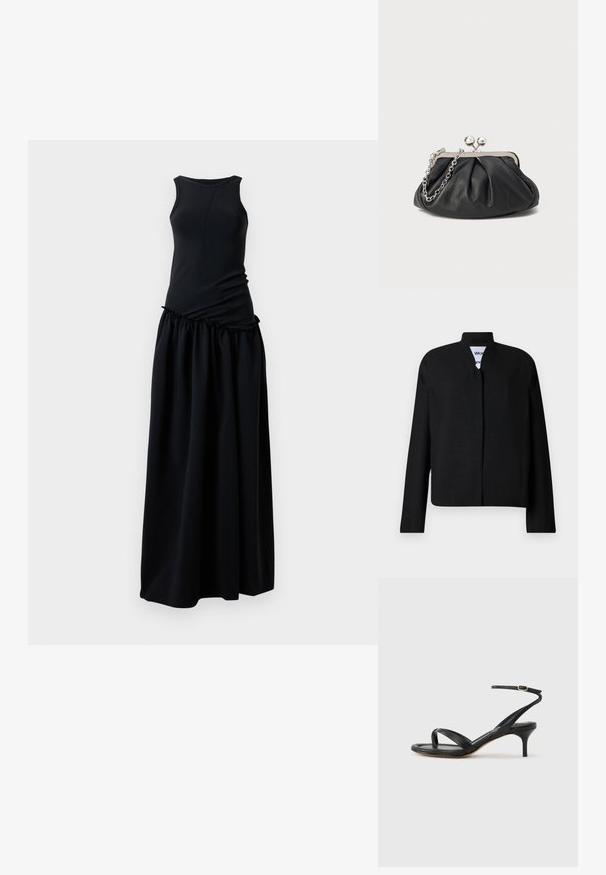 Veste noire avec un col mandarin, des manches longues et une coupe droite. Fabriquée dans un tissu texturé, elle dispose d'une fermeture frontale dissimulée.; Robe noire avec un haut ajusté à col rond et une jupe froncée et fluide. Fabriquée à partir d'un tissu doux et lisse avec une texture homogène.; Sandale pour femme en cuir noir avec fines lanières, une boucle d'orteil, une boucle à la cheville et un talon aiguille de hauteur moyenne sur un fond neutre.; Porte-monnaie en cuir noir avec texture froncée, cadre en métal argenté, fermeture à verrouillage kiss-lock et bandoulière en chaîne. Surface lisse et douce.
