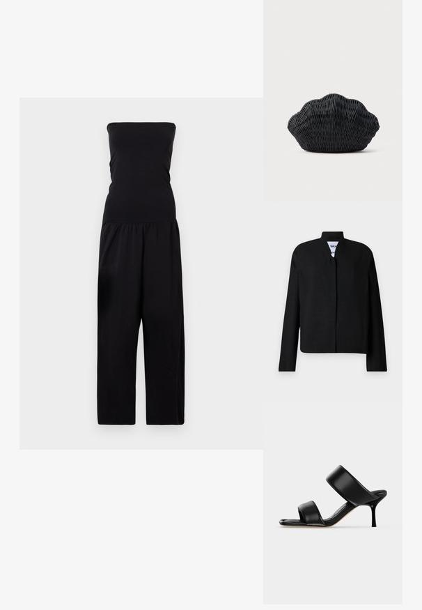 Chaqueta negra con cuello mao, de mangas largas y corte recto. Fabricada en un tejido texturizado, presenta un cierre frontal oculto.; By Malene Birger MARCIEL - Mono - black; Sandalia mule de cuero negro con dos tiras anchas y un tacón de aguja delgado de altura media sobre un fondo claro y sencillo.; Bolso de mimbre negro con forma de concha de vieira con parte superior curva y textura tejida sobre un fondo liso.