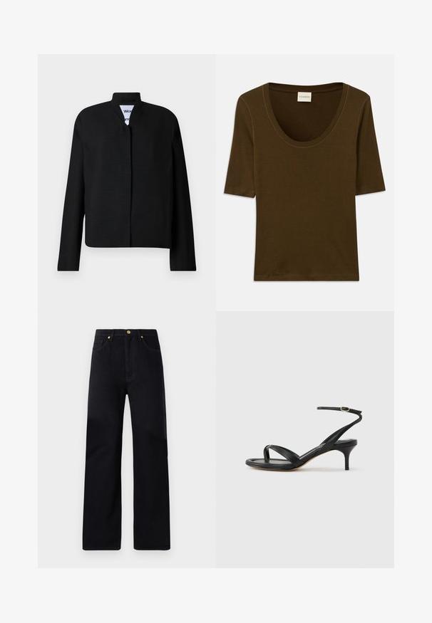 Veste noire avec un col mandarin, des manches longues et une coupe droite. Fabriquée dans un tissu texturé, elle dispose d'une fermeture frontale dissimulée.; Chemise marron à manches courtes en tissu doux, avec un col arrondi et un design simple et épuré. Aucun motif ni détail supplémentaire.; Pantalons en denim noir avec une coupe droite, dotés d'une taille haute, de cinq poches, de quincaillerie dorée et de détails de couture subtils.; Sandale pour femme en cuir noir avec fines lanières, une boucle d'orteil, une boucle à la cheville et un talon aiguille de hauteur moyenne sur un fond neutre.