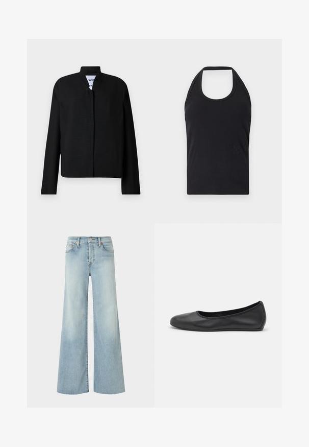 Zwarte jas met een mandarin-kraag, lange mouwen en een rechte snit. Gemaakt van een geborsteld stof, met een verborgen sluiting aan de voorkant.; CLOSED NECK HOLDER - Top - black; RE/DONE MID RISE PALAZZO - Relaxed fit jeans - blue denim; Zwarte leren ballerina met een ronde neus, gladde textuur, minimale stikdetails en een flexibele zoolontwerp.