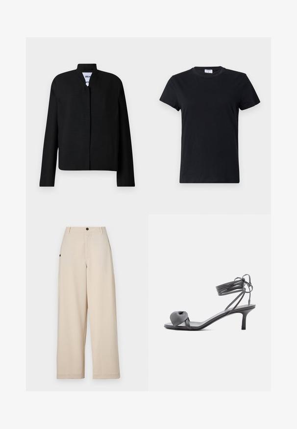 Veste noire avec un col mandarin, des manches longues et une coupe droite. Fabriquée dans un tissu texturé, elle dispose d'une fermeture frontale dissimulée.; T-shirt noir à manches courtes en coton, avec un col rond et une texture simple et lisse, sans motif imprimé ni accents.; Pantalons à jambes larges beige en tissu doux, dotés d'une fermeture à bouton sur le devant, de poches latérales et d'une coupe décontractée.; Sandale à talon en cuir gris avec une bride nouée sur les orteils et des lacets enroulants autour de la cheville, sur un talon moyen et fin, sur fond blanc.