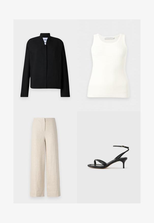 Veste noire avec un col mandarin, des manches longues et une coupe droite. Fabriquée dans un tissu texturé, elle dispose d'une fermeture frontale dissimulée.; Débardeur blanc côtelé sans manches avec encolure ronde, coupe ajustée, et étiquette de la marque à l'intérieur du col arrière.; Pantalons en lin beige à jambes larges avec une taille haute et une fermeture éclair dissimulée à l'arrière. Tissu lisse et respirant.; Sandale pour femme en cuir noir avec fines lanières, une boucle d'orteil, une boucle à la cheville et un talon aiguille de hauteur moyenne sur un fond neutre.