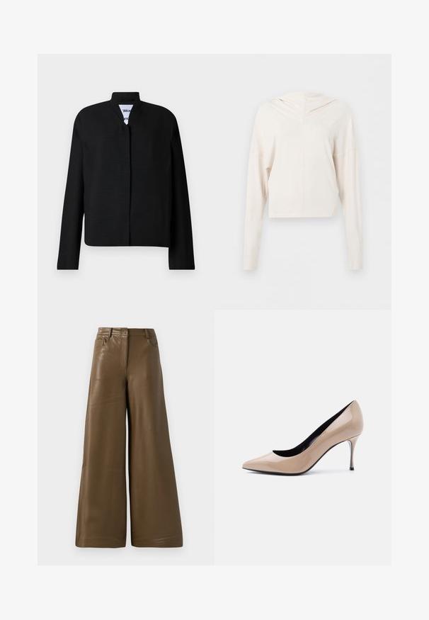 Veste noire avec un col mandarin, des manches longues et une coupe droite. Fabriquée dans un tissu texturé, elle dispose d'une fermeture frontale dissimulée.; Sweat à capuche écru court à manches longues avec une coupe ample et des finitions de couture minimales, présenté sur un fond uni.; Pantalons à jambes larges en simili cuir marron lisse. Présentent une taille haute, quatre poches et une fermeture éclair sur le devant. Texture plate et design minimaliste.; Chaussure à talon haut pointu en cuir verni beige avec talon aiguille fin et doublure intérieure noire sur fond blanc.