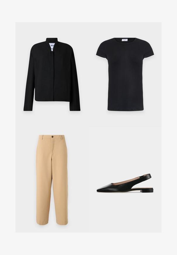 Veste noire avec un col mandarin, des manches longues et une coupe droite. Fabriquée dans un tissu texturé, elle dispose d'une fermeture frontale dissimulée.; T-shirt noir à côtes avec un col rond et des manches courtes. Tissu doux avec une coupe ajustée, présentant une étiquette au niveau du cou.; CLOSED WRENNA - Pantalon classique - urban beige; Chaussure plate en cuir noir avec bride arrière, bout pointu et petit talon carré sur fond blanc.