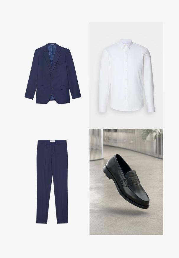 Blazer bleu marine avec deux boutons, revers en pointe et deux poches avant. L'intérieur présente une doublure à motifs. Tissu texturé.; Chemise blanche à manches longues avec boutons, fabriquée dans un tissu lisse, dotée d'un col classique, de huit boutons sur le devant et de poignets standards.; Pantalons de costume navy en tissu lisse, dotés d'un devant plat, de deux poches latérales, d'une fermeture éclair et d'un ourlet net sans motifs ni accents.; Mocassin en cuir noir à texture lisse, bout pointu et bande décorative sur le cou-de-pied. Semelle légère, design minimaliste.