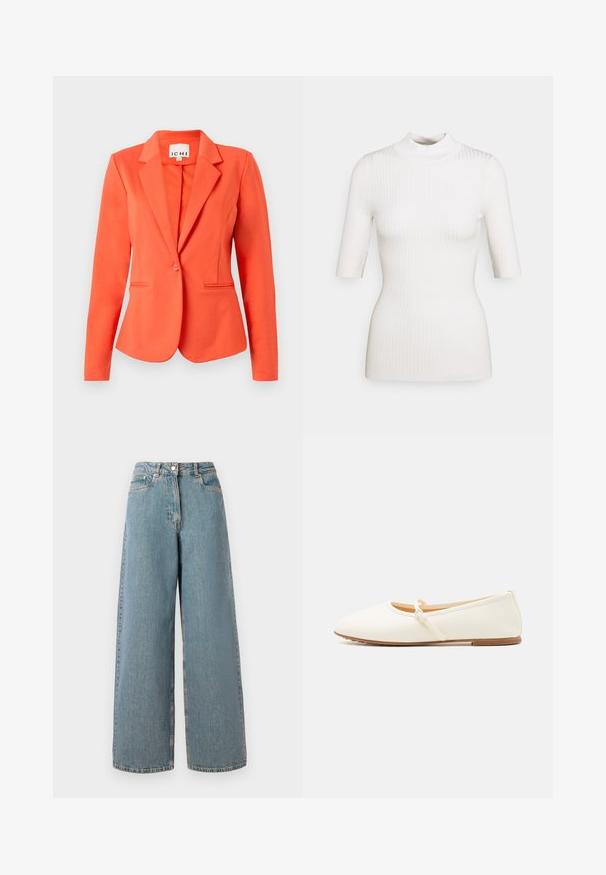 Koraal blazer van soepel materiaal met een getailleerd ontwerp, enkele knoopsluiting, ingekeepte revers en twee voorzakken.; Even&Odd Trui - off white; Hogewaisted, lichtblauwe wijdvallende denim jeans met een ritssluiting aan de voorkant, knoopsluiting en zakken aan de voorkant.; Crèmekleurige ballerina's met een gladde buitenkant, ronde neus, een dunne enkelband en een platte zool. Eenvoudig ontwerp zonder extra versieringen.
